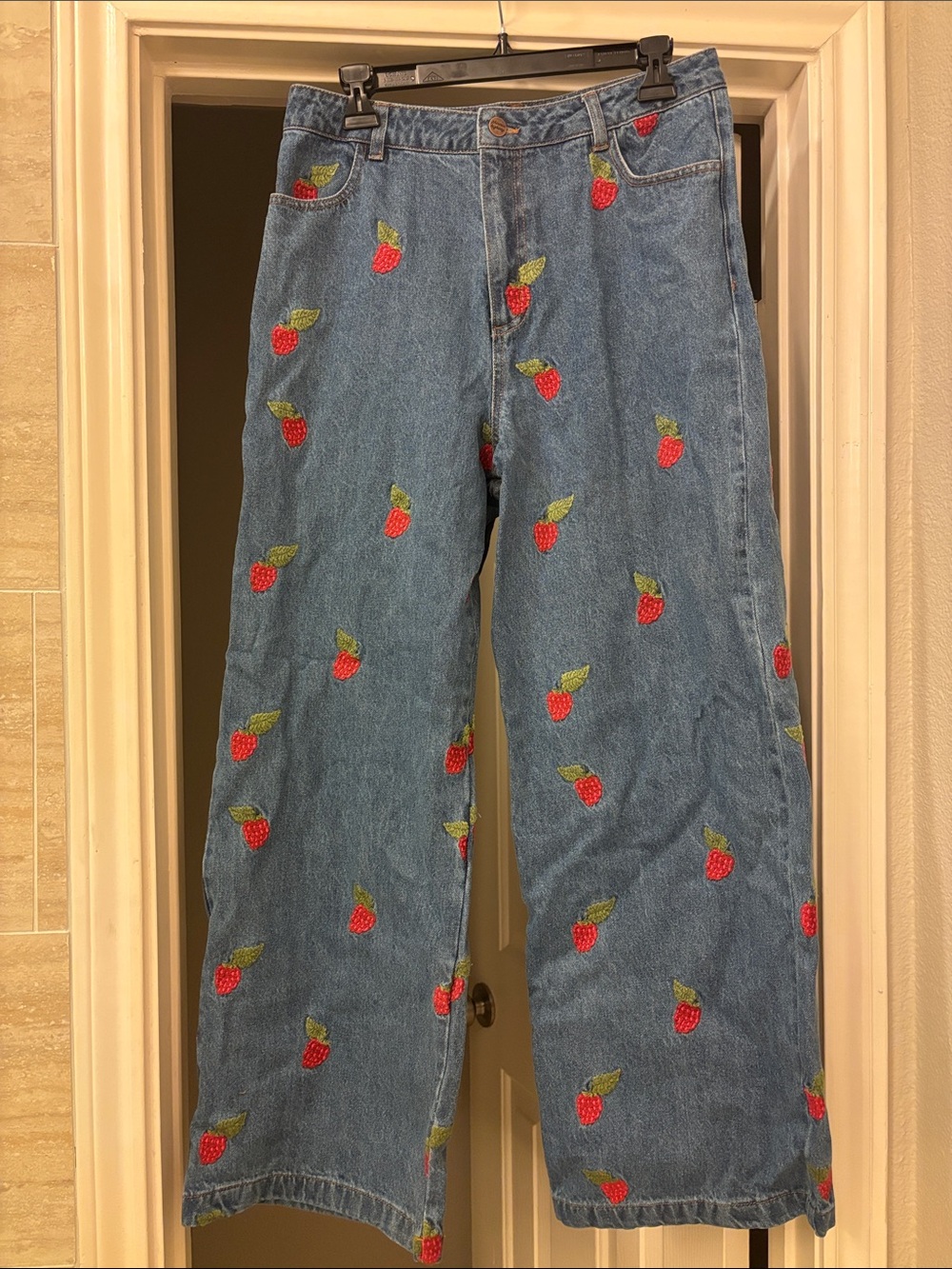 Princess Highway Blue Straight-Leg Jeans with Red Raspberry Embroidery